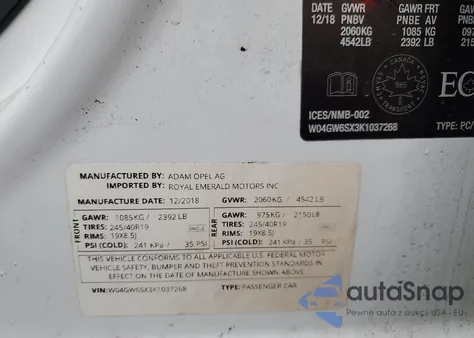 2019 Buick Regal Avenir from USA, damaged, VIN W04GW6SX3K1037268